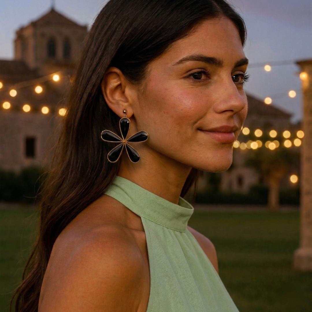 Pendientes Ilima Negro flor XL artesanales arcilla polimerica pendientes grandes Hanalima