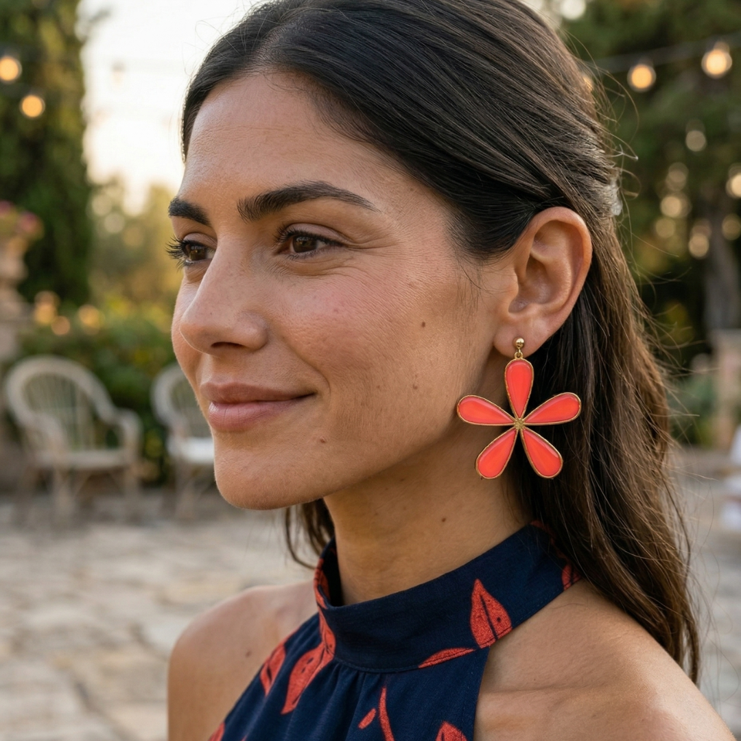Pendientes Ilima Coral flor XL arcilla polimerica pendientes grandes artesanales boda Hanalima