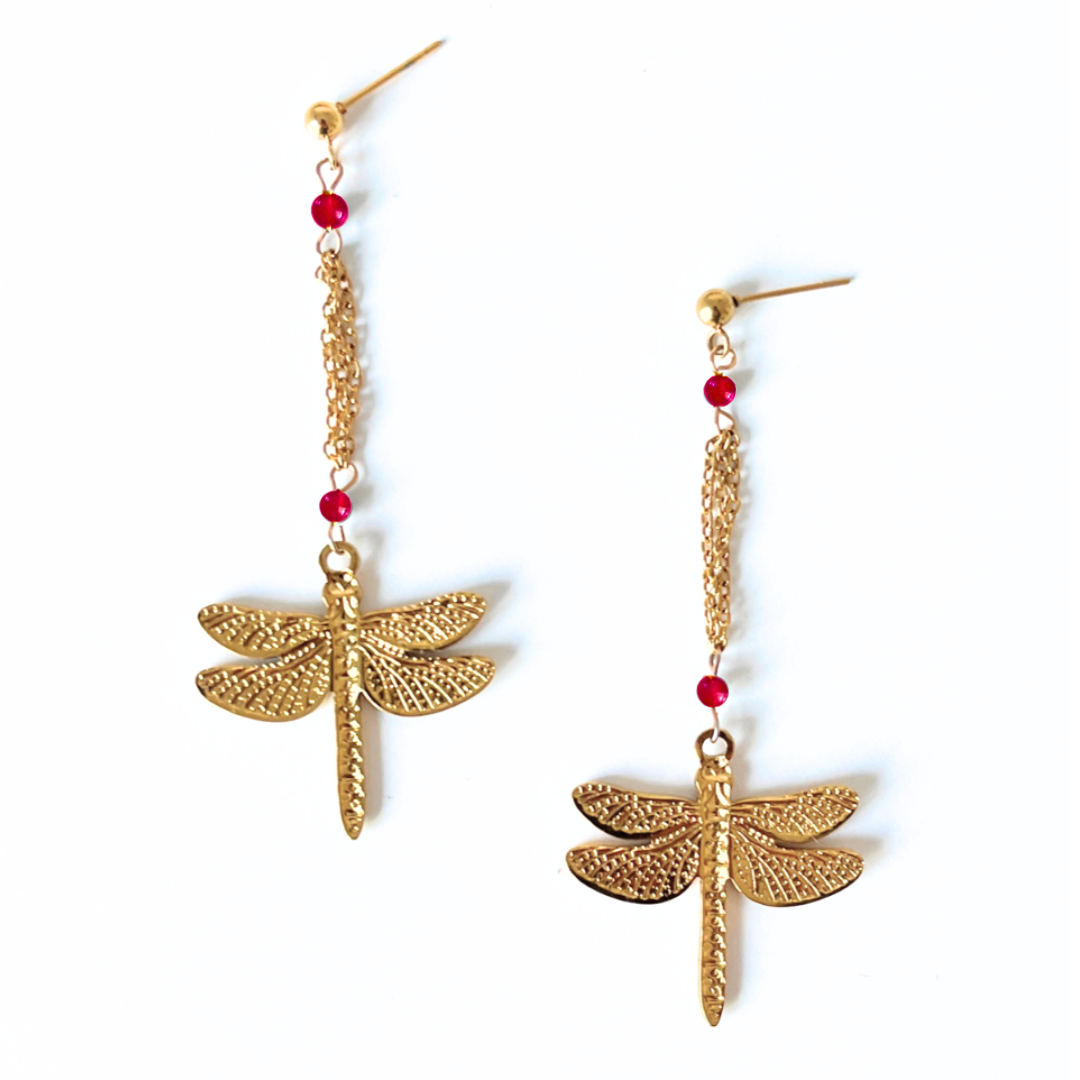 Pendientes Camila largos libelula dorada artesanales pendientes grandes boda Hanalima