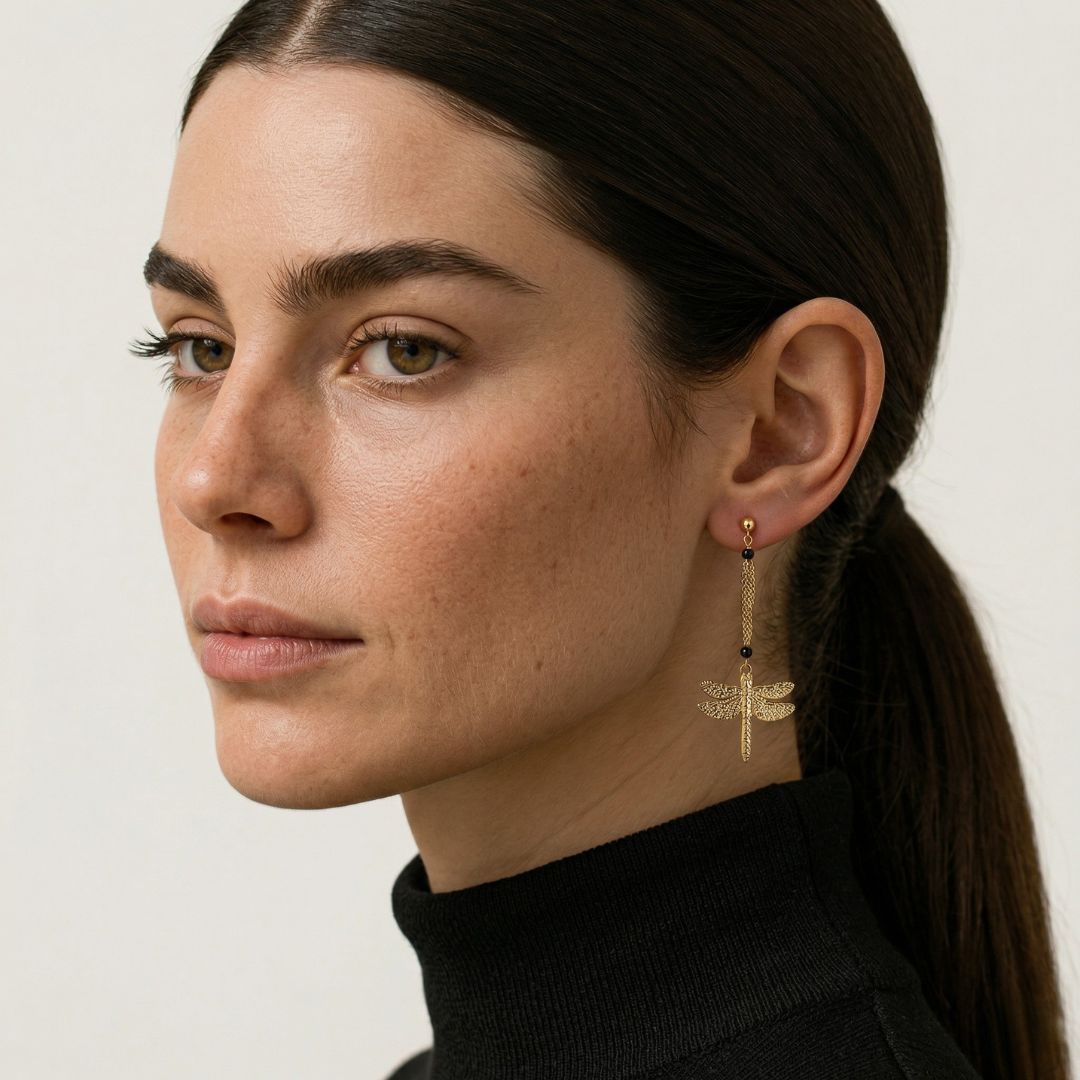 Pendientes Camila largos libelula dorada artesanales pendientes grandes boda Hanalima