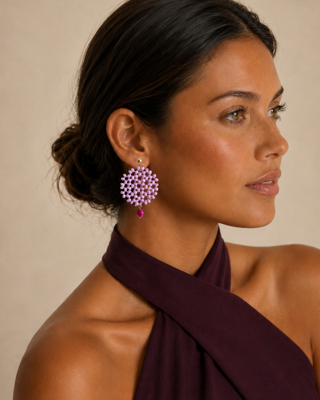 Nira de Hanalima, pendientes lila y fucsia con turmalina, de invitada, hechos a mano en España